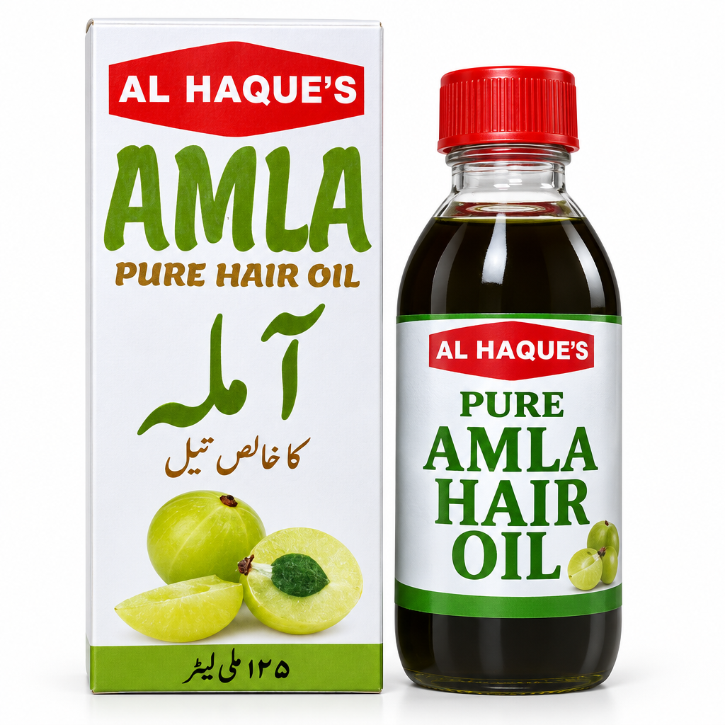 Al Haque's Pure Amla Hair Oil shown as a dark glass bottle with a red cap next to its white and green retail box, featuring amla fruit illustrations.