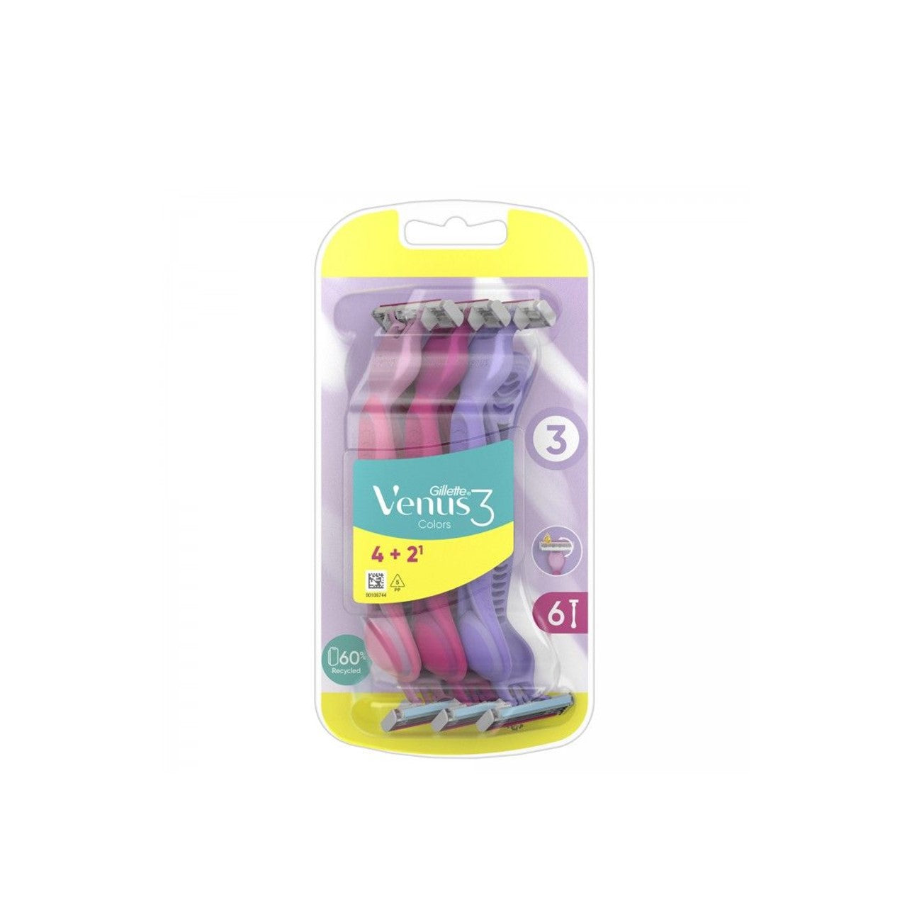 Gillette - VENUS - 3 Colors - 3 Blades Disposable Razors for Women - 6 Piece Pack