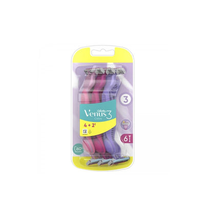 Gillette - VENUS - 3 Colors - 3 Blades Disposable Razors for Women - 6 Piece Pack