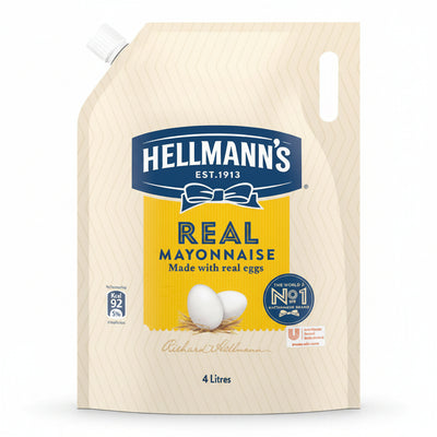 A 4 litre squeeze pouch of Hellmann's Real Mayonnaise on a plain white background. The packaging features a light wood-grain texture design with a prominent blue and yellow label in the center, complete with an illustration of two white eggs.