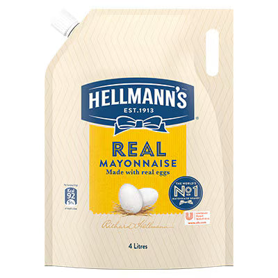 A 4 litre squeeze pouch of Hellmann's Real Mayonnaise on a plain white background. The packaging features a light wood-grain texture design with a prominent blue and yellow label in the center, complete with an illustration of two white eggs.