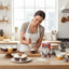 Woman in a kitchen decorating cupcakes with a box of icing sugar in the foreground.