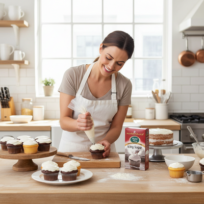 Woman in a kitchen decorating cupcakes with a box of icing sugar in the foreground.