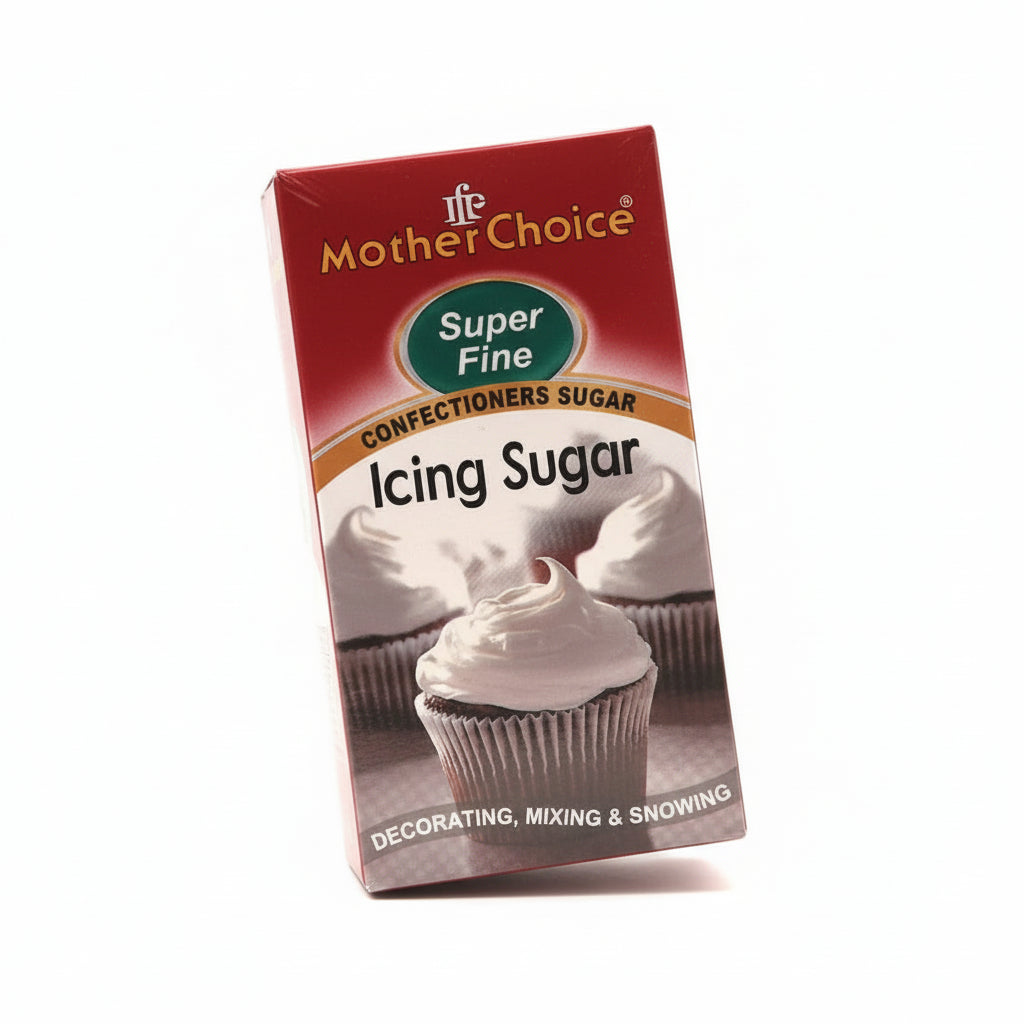 Box of Mother Choice icing sugar with a cupcake on a white background