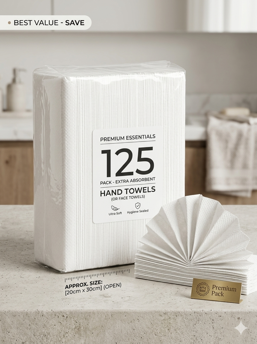 A package of 125 premium hand towels sits on a light stone countertop in a softly blurred kitchen setting, with an open stack of white hand towels displayed beside it and a small gold badge reading Premium Pack.