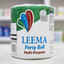 A roll of LEEMA Party Roll Multi-Purpose toilet paper wrapped in clear plastic, set against a blurred background of shelves.