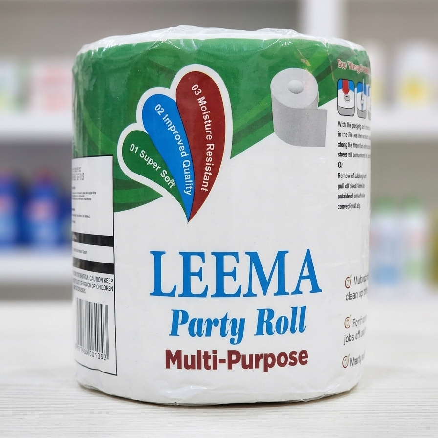A roll of LEEMA Party Roll Multi-Purpose toilet paper wrapped in clear plastic, set against a blurred background of shelves.