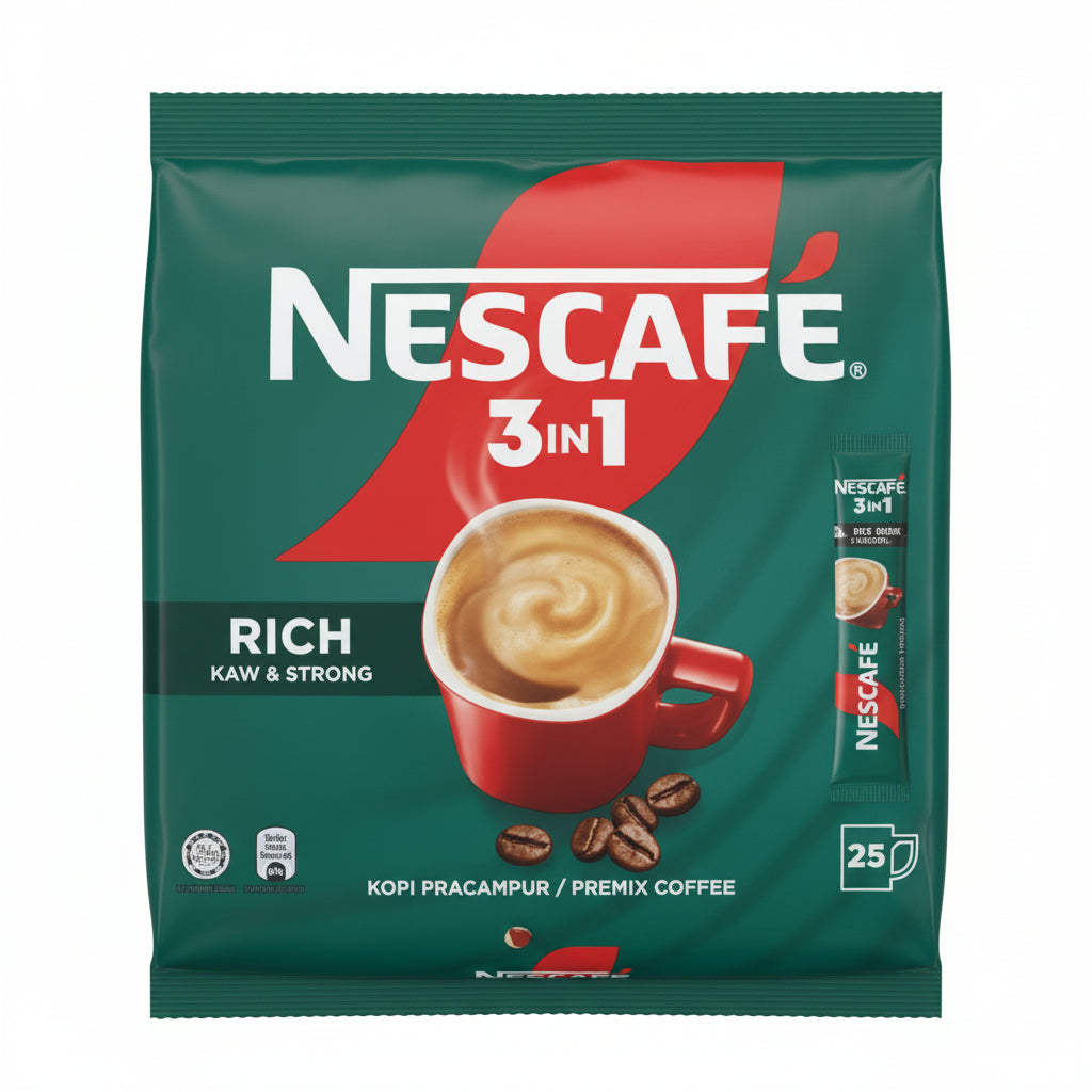 NESCAFE - RICH KAW & STRONG - 3IN1 Premix Coffee - 24 Pouches per Carton - Each Pouch 25 Sachets - Each Sachet 18g - Each Pouch 450g