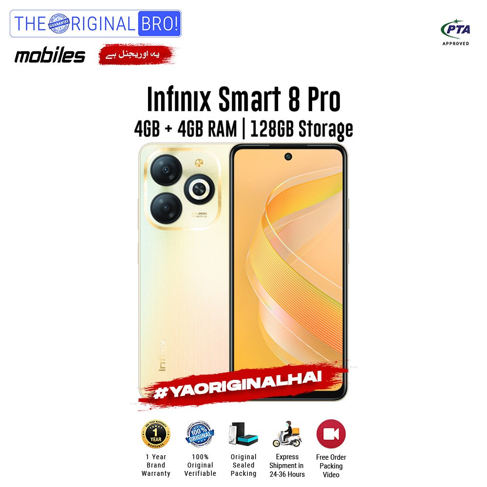 Infinix - Smart 8 Pro - Smartphone - 4GB RAM - 128GB Storage - Gold - The Original Bro Mobiles | Jodiabaazar.com