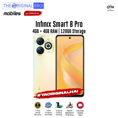 Infinix - Smart 8 Pro - Smartphone - 4GB RAM - 128GB Storage - Gold - The Original Bro Mobiles | Jodiabaazar.com