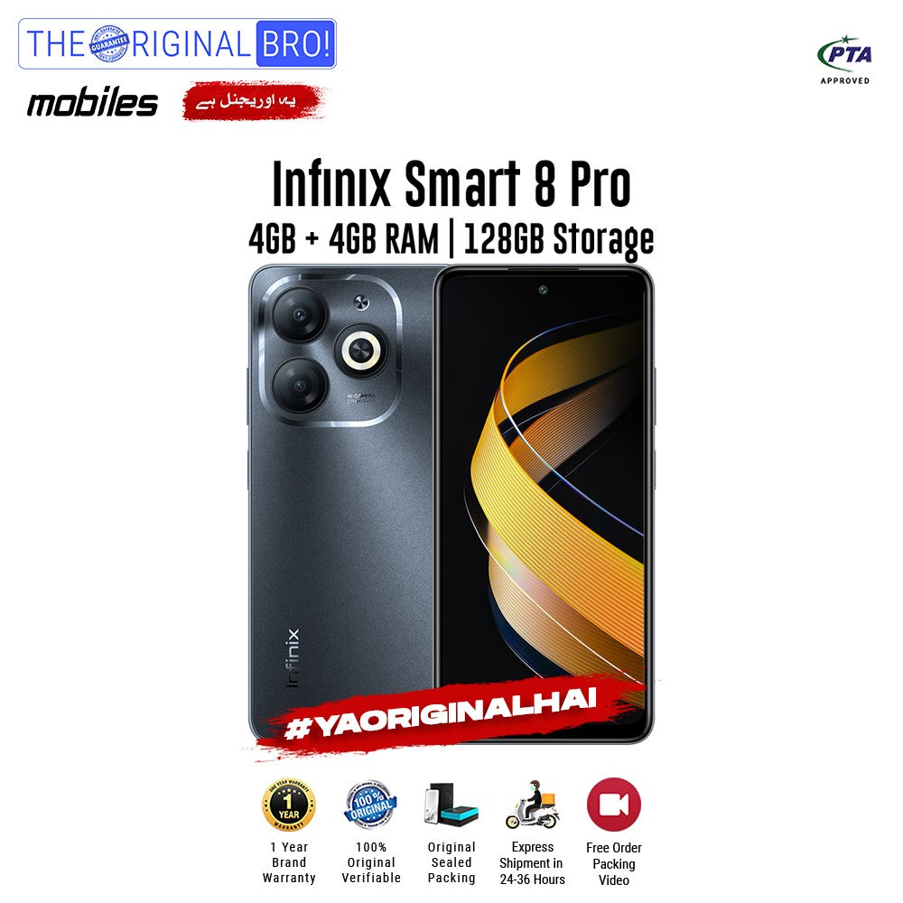 Infinix - Smart 8 Pro - Smartphone - 4GB RAM - 128GB Storage - Black - The Original Bro Mobiles | Jodiabaazar.com