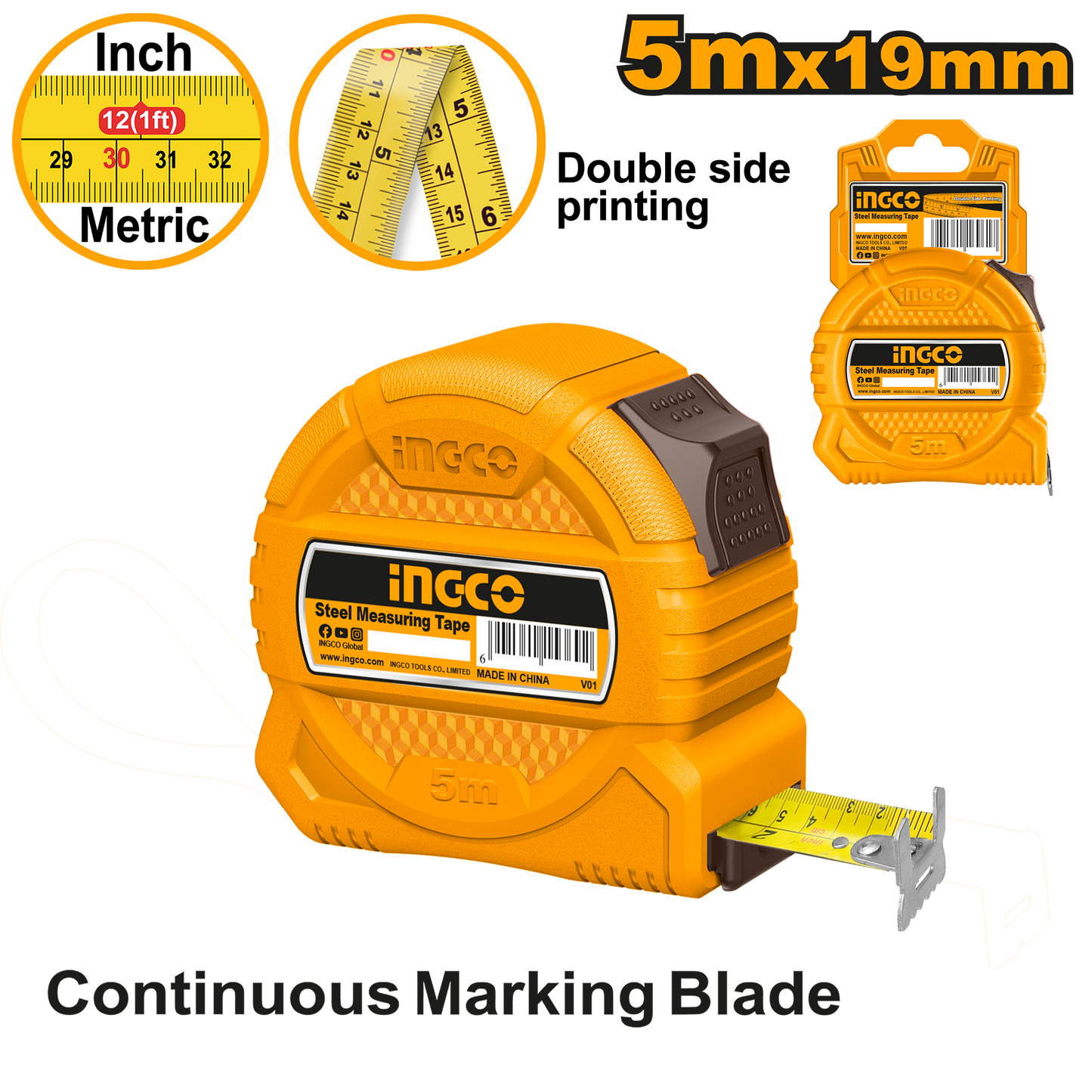 INGCO -  Steel measuring tape 5m*19mm HSMT39519
