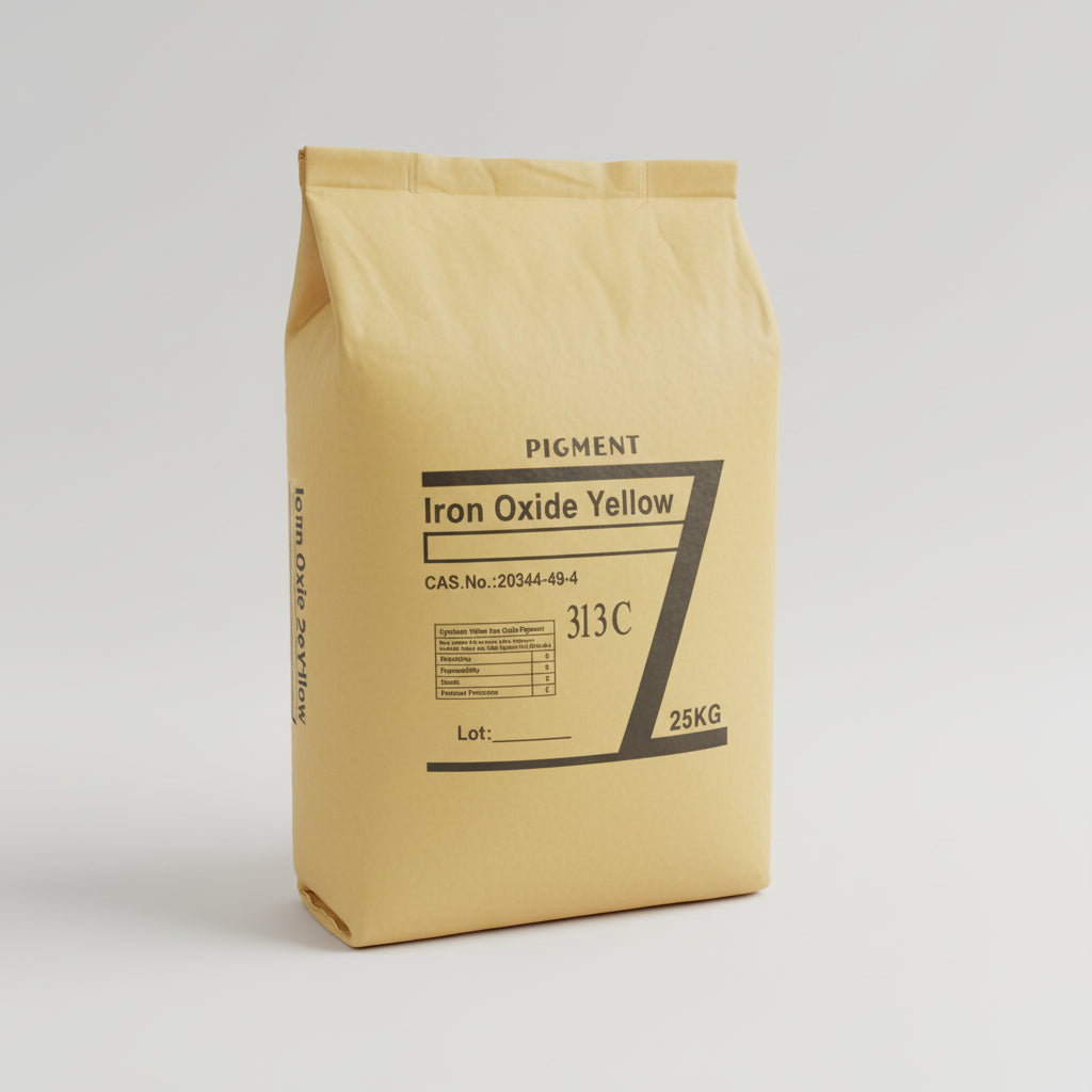 Bag of Iron Oxide Yellow pigment with packaging details on a gray background