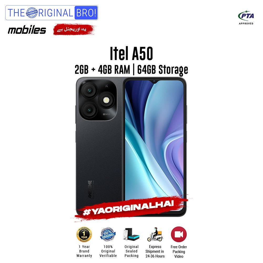 Itel - A50 - 2GB RAM - 64GB Storage - Black - PTA Approved - The Original Bro | Jodiabaazar.com