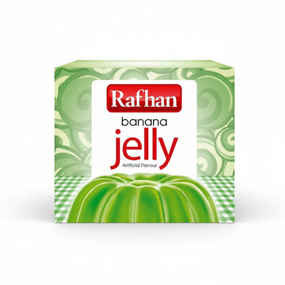 A box of Rafhan Banana Jelly, featuring a green and white patterned background with a large green jelly pudding illustration at the bottom and a red Rafhan logo at the top.