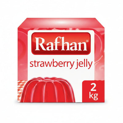 A 2 kg box of Rafhan Strawberry Jelly on a plain white background. The packaging is primarily red and white, featuring a graphic of a red jelly mold and the brand name 'Rafhan' in white text inside a red rectangle.