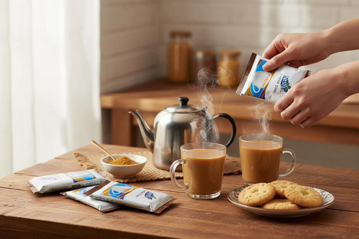 Person pouring a packet of instant coffee into a cup on a wooden table with cookies and a teapot.
