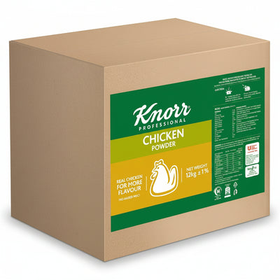 A large brown cardboard box of Knorr Professional Chicken Powder, featuring a green and yellow label on the front, set against a plain white background.