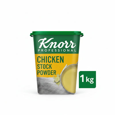 A 1 kg tub of Knorr Professional Chicken Stock Powder, featuring a green and yellow label with a green lid, shown on a white background with a green '1 kg' badge.