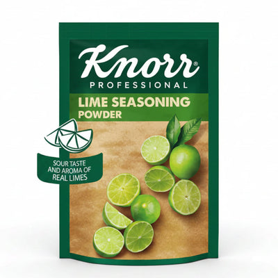 Knorr Professional Lime Seasoning Powder in a 400g pouch, featuring a green and brown design with illustrations of fresh limes on a white background.