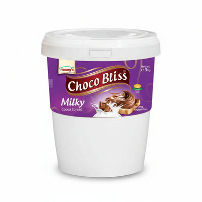 Container of Choco Bliss Milky Cocoa Spread on a beige background