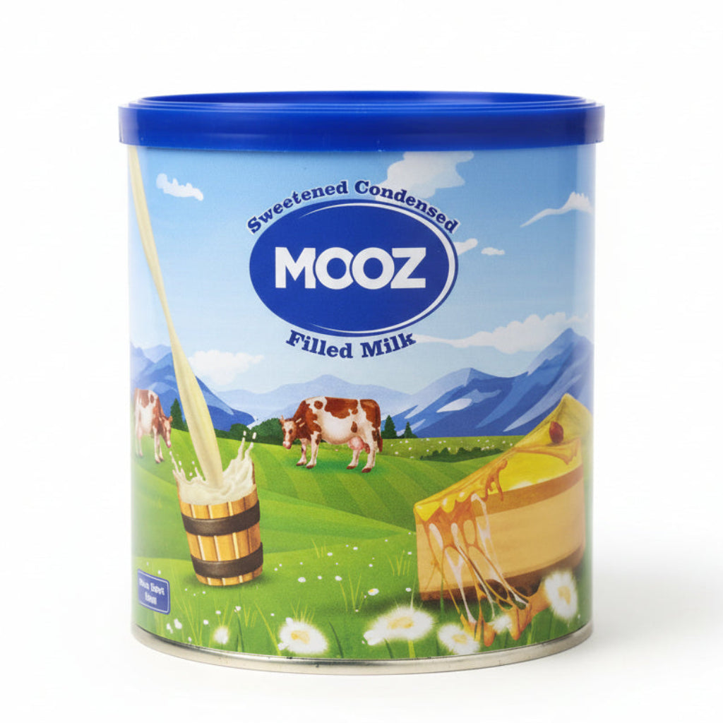 Mooz sweetened condensed milk container on a wooden surface