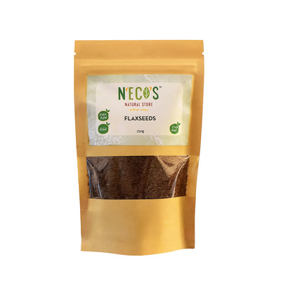 Package of N'ECOS flaxseeds on a white background