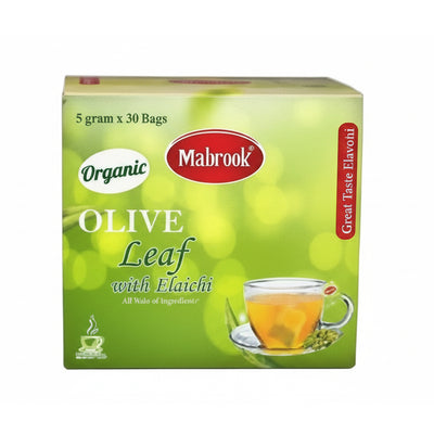 Mabrook Organic Olive Leaf with Elaichi tea package on a white background