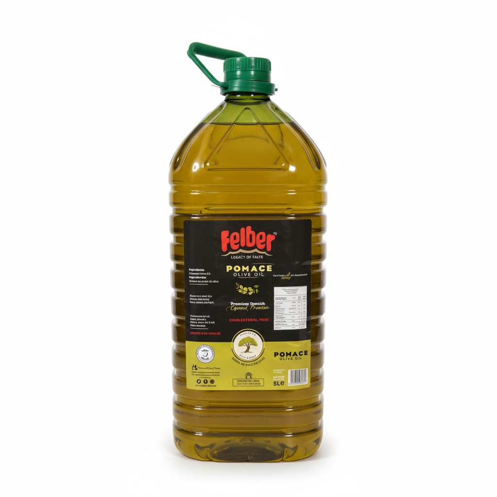Large bottle of Felber pomace oil with a green cap on a white background