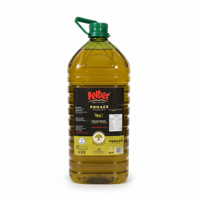Large bottle of Felber pomace oil with a green cap on a white background