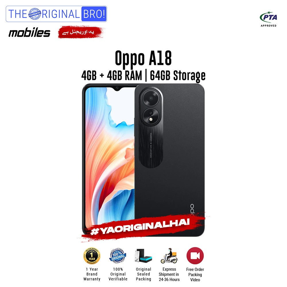 Oppo - A18 - Smartphone - 4GB RAM - 64GB Storage - Black - The Original Bro Mobiles | Jodiabaazar.com