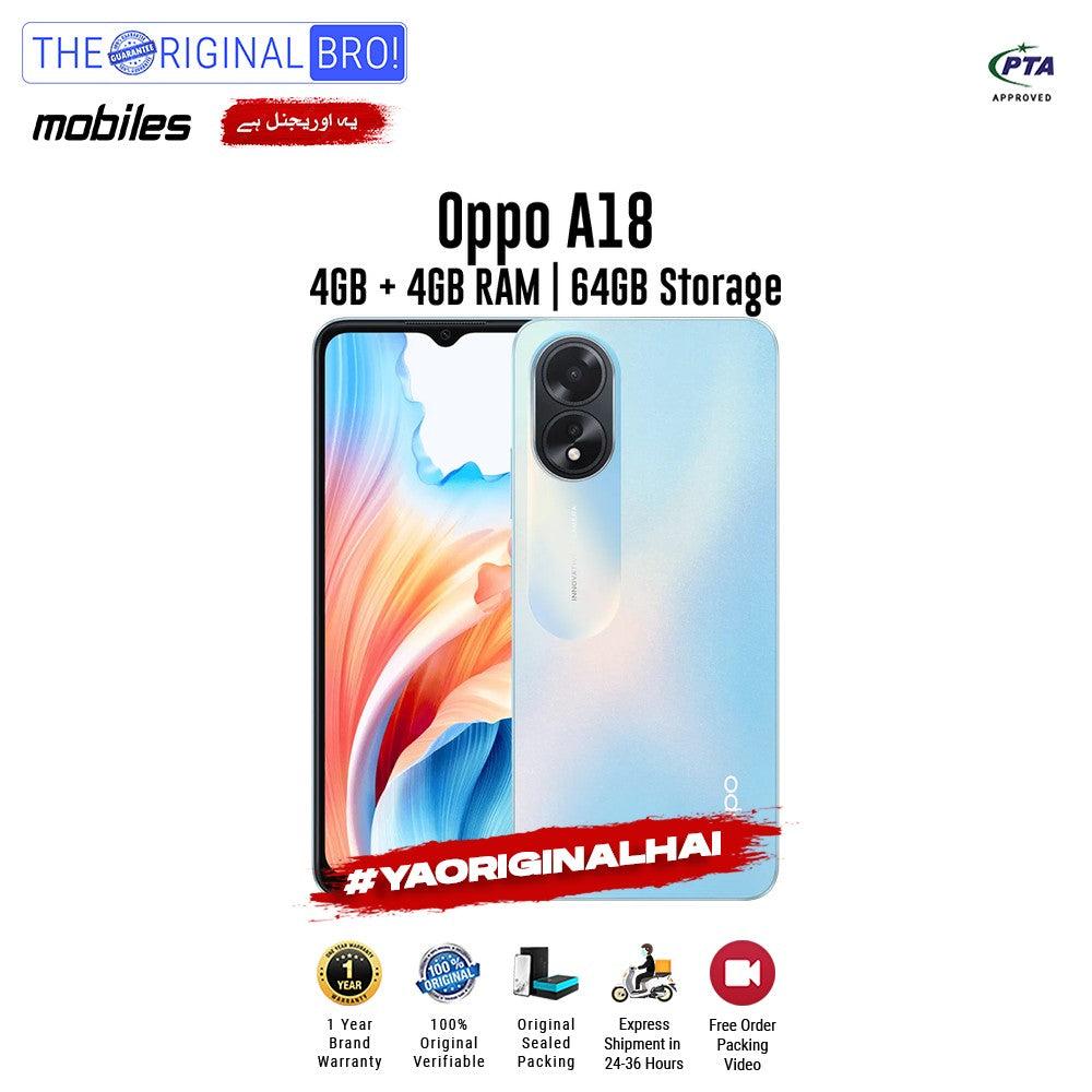 Oppo - A18 - Smartphone - 4GB RAM - 64GB Storage - Blue - The Original Bro Mobiles | Jodiabaazar.com