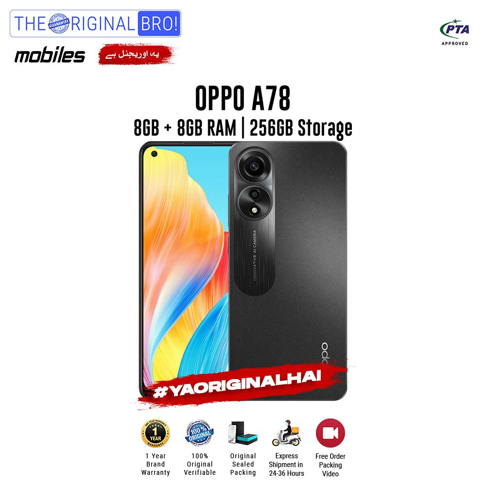 Oppo - A78 - Smartphone - 8GB RAM - 256GB Storage - Black - The Original Bro Mobiles | Jodiabaazar.com