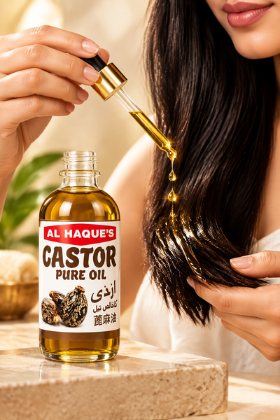 A bottle of Al Haque's Castor Pure Oil sits on a stone surface while a person holds a glass dropper above their dark hair, showing golden oil dripping onto the strands. The background is a soft, warm beige indoor setting.