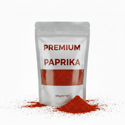 Packaging of premium Spanish paprika on a white background