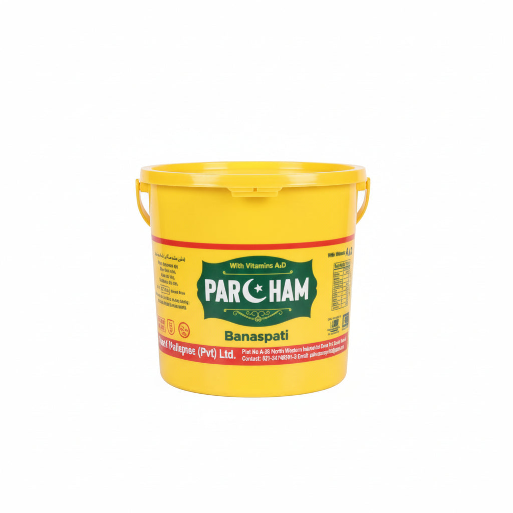 Yellow containers of Parcham Banaspati stacked on a blue surface