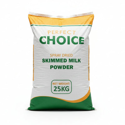Bag of Perfect Choice spray dried skimmed milk powder with a net weight of 25KG.