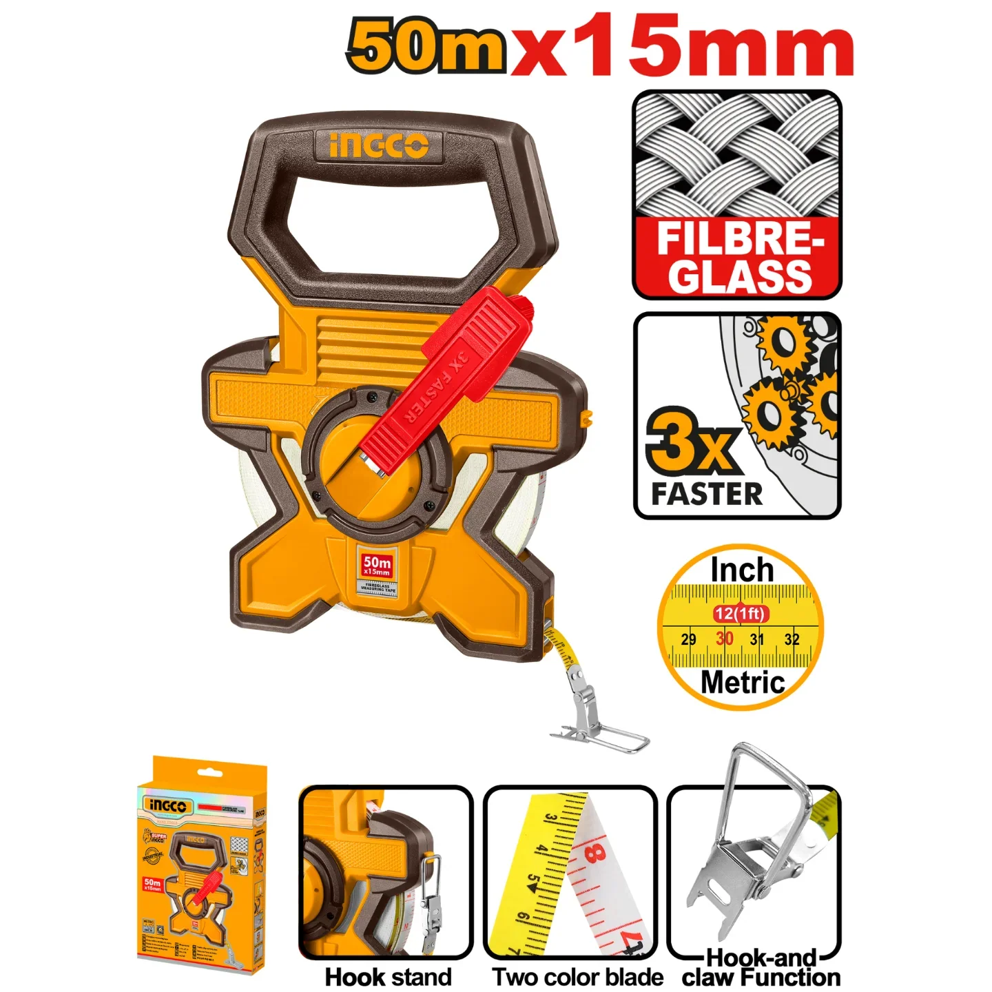 INGCO -  Fibreglass measuring tape 50*15mm HFMT1850