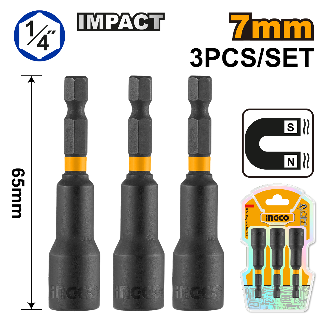 INGCO -  3 Pcs impact magnetic nut set 7mmm AMN0731