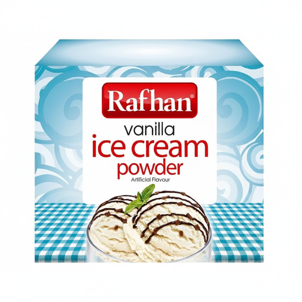 A box of Rafhan Vanilla Ice Cream Powder on a plain white background. The packaging features a blue and white swirl pattern, a prominent red Rafhan logo, and an illustration of vanilla ice cream scoops with chocolate drizzle and a mint leaf on a blue-and-white checkered surface.