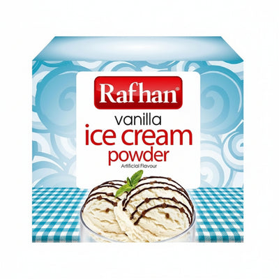 A box of Rafhan Vanilla Ice Cream Powder on a plain white background. The packaging features a blue and white swirl pattern, a prominent red Rafhan logo, and an illustration of vanilla ice cream scoops with chocolate drizzle and a mint leaf on a blue-and-white checkered surface.