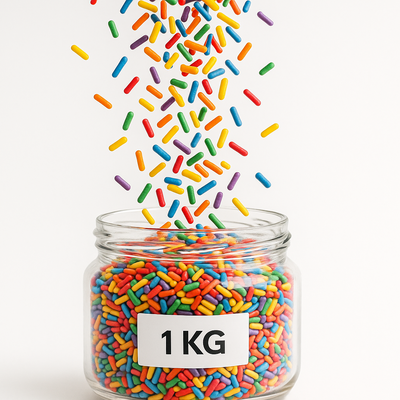 rainbow sprinkles falling into a jar container. 1 KG written on label 