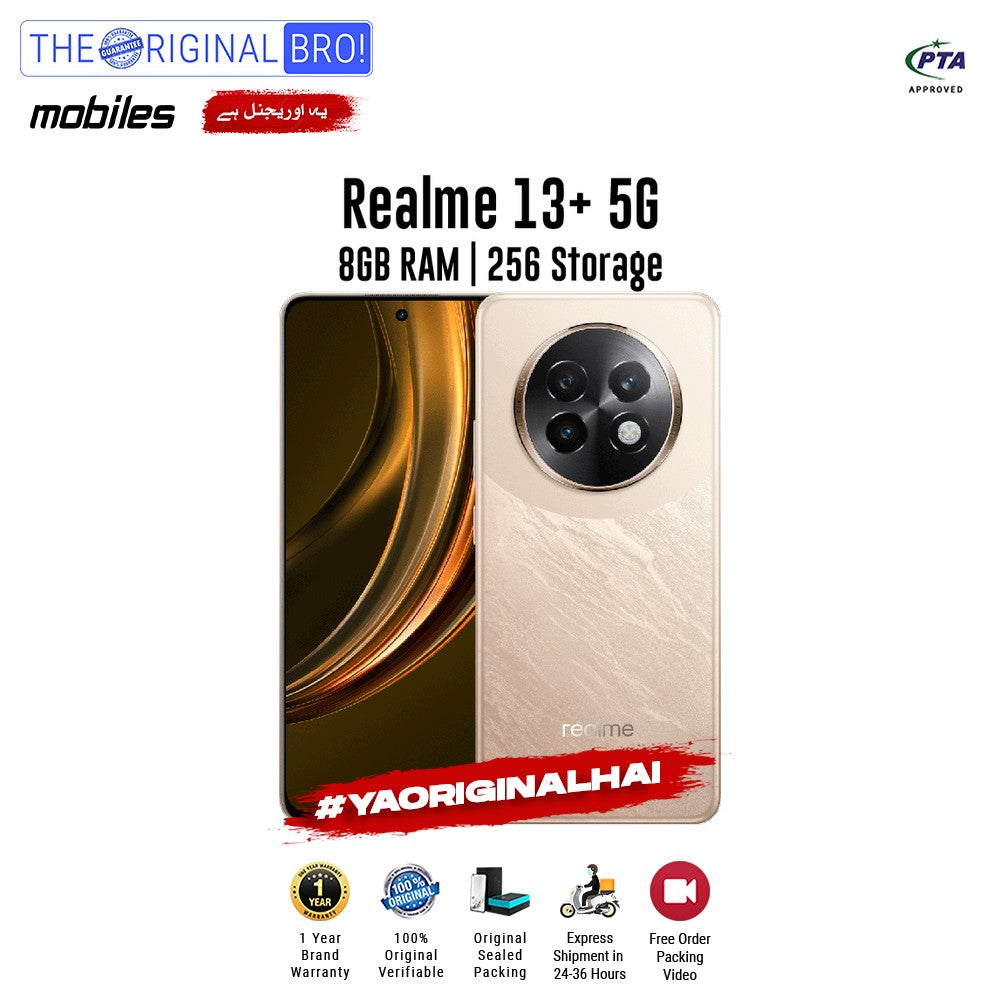 Realme - 13 Plus 5G - Smartphone - 12GB RAM - 256GB Storage - Gold - The Original Bro Mobiles | Jodiabaazar.com