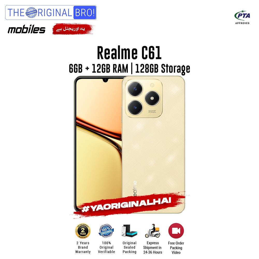 Realme - C61 - Smartphone - 6GB RAM - 128GB Storage - Gold - The Original Bro Mobiles | Jodiabaazar.com