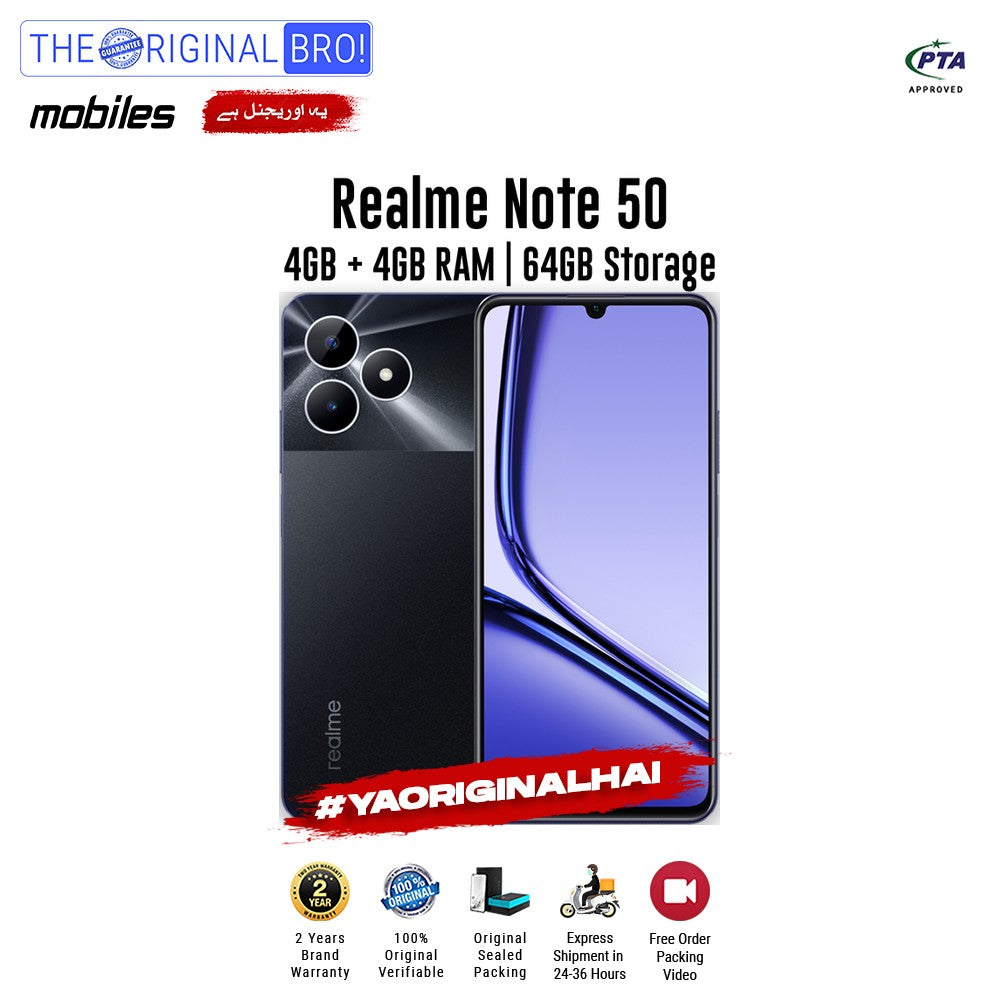 Realme - Note 50 - Smartphone - 4GB RAM - 64GB Storage - Black - The Original Bro Mobiles | Jodiabaazar.com