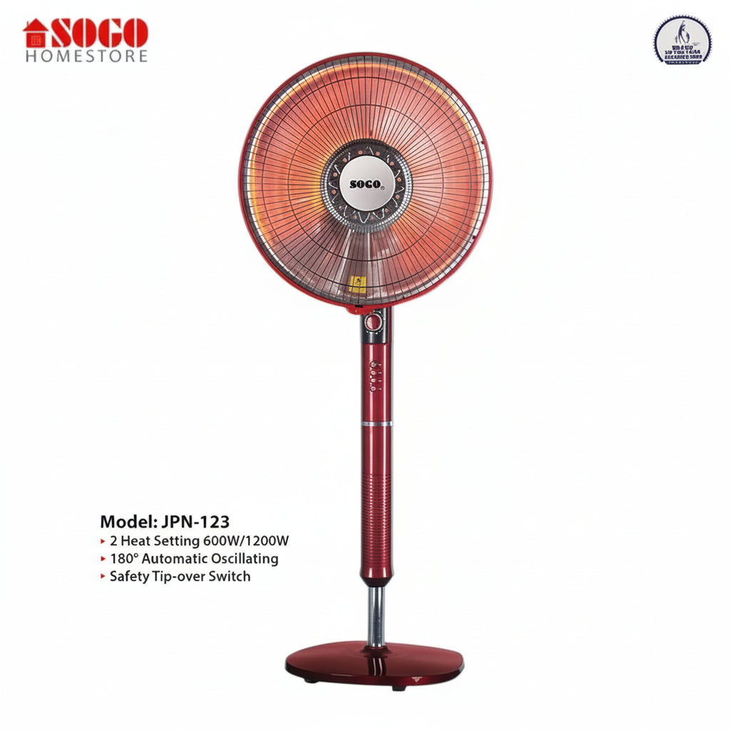 Red standing fan with Sogo branding on a white background