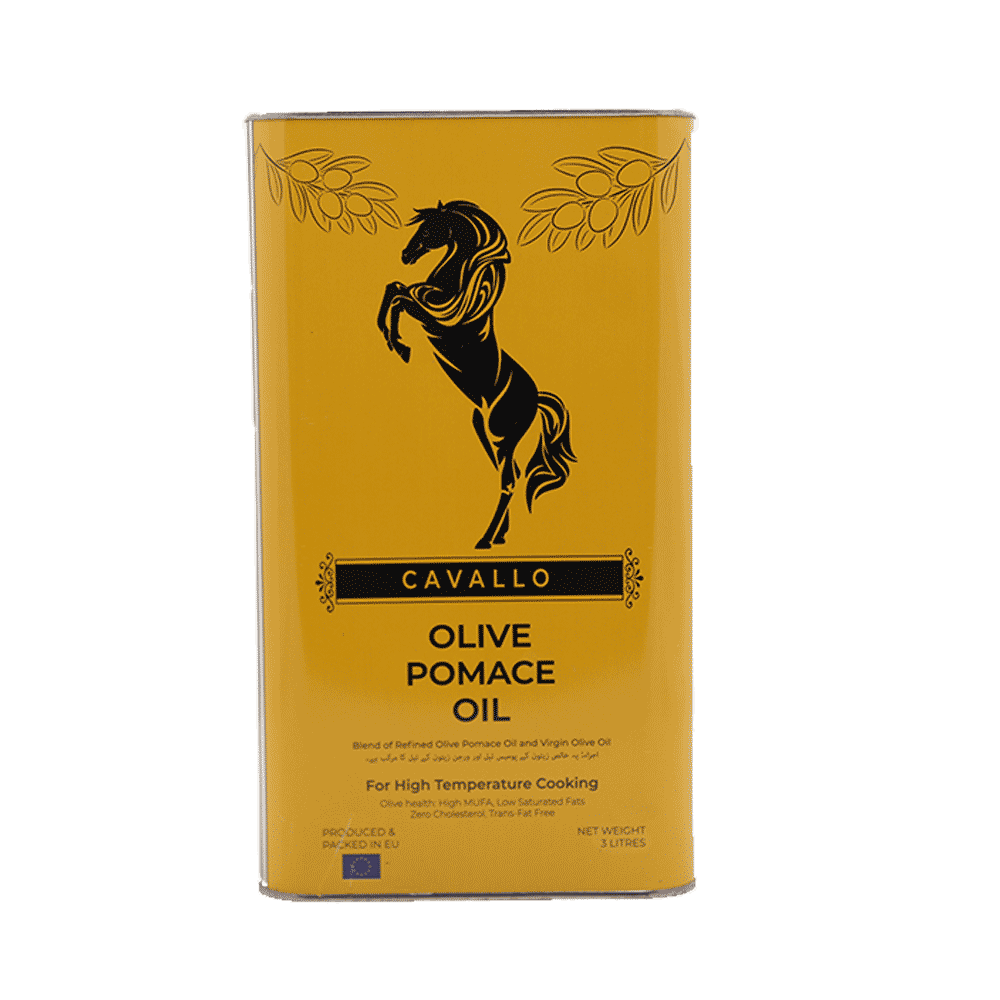 Cavallo Olive Pomace Oil packaging with a horse design on a white background