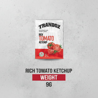 Trandoz Rich Tomato Ketchup packet on a gray background