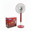 Red standing fan with Sogo branding next to its packaging on a white background