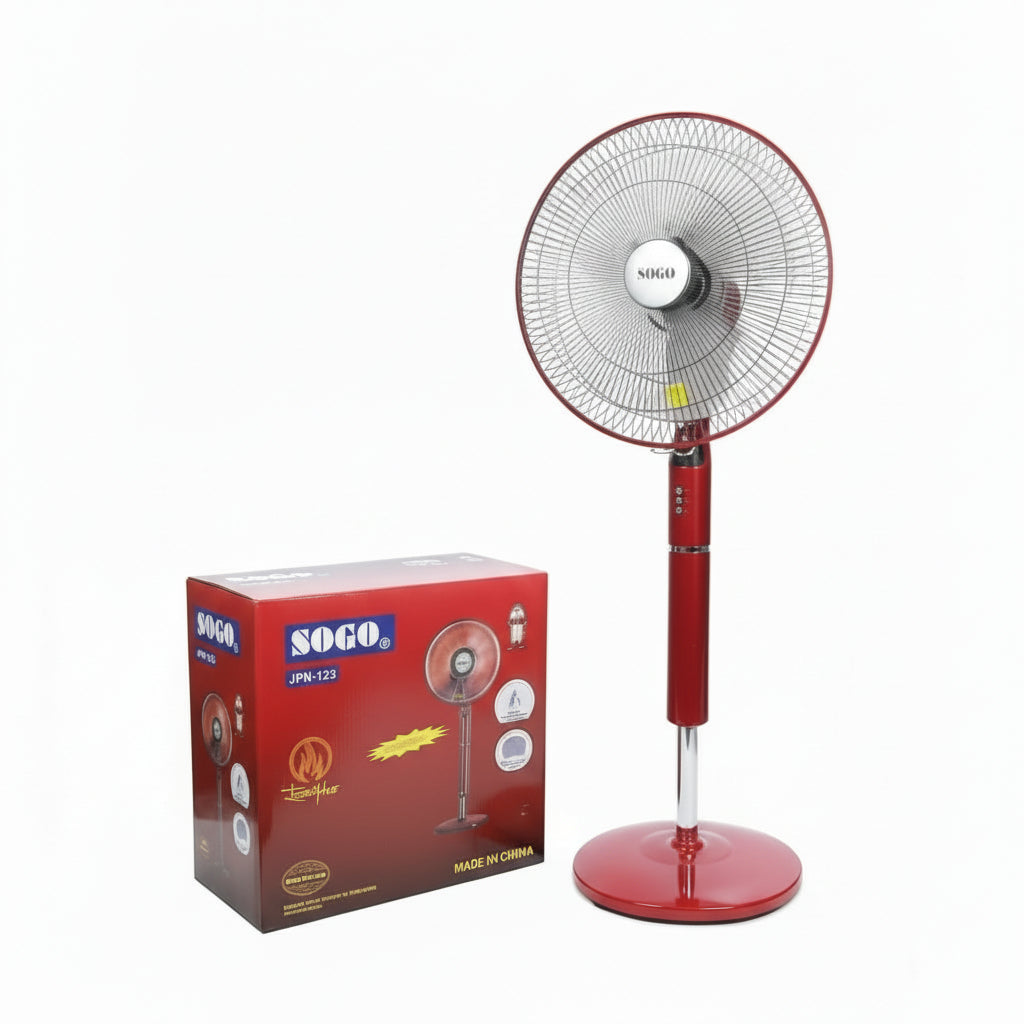 Red standing fan with Sogo branding next to its packaging on a white background